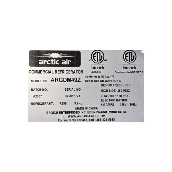 Artic Air ARGDM49Z Upright Cooler - 2 Glass Door - 54 Inch