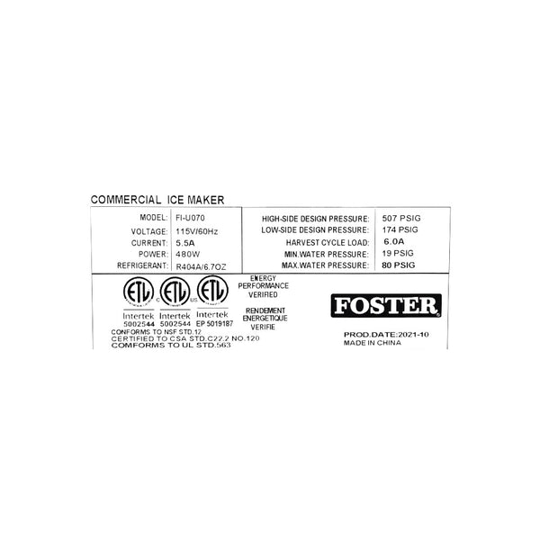 Foster FI-U070 Undercounter Ice Cube Machine - 68lbs per 24hrs