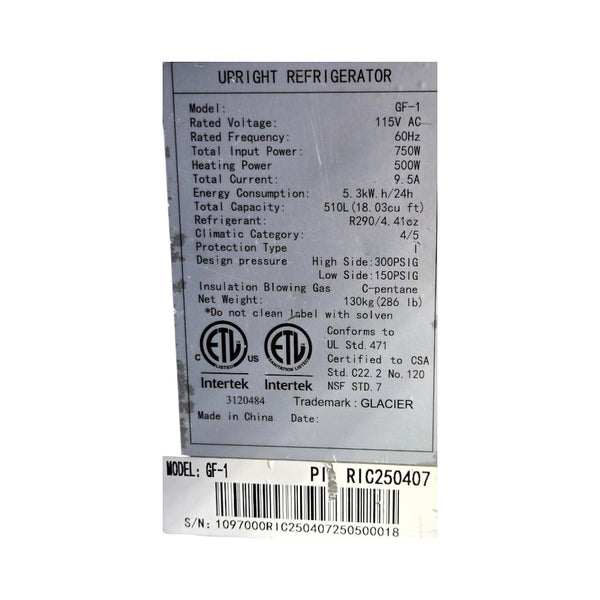 Glacier GF-1 Upright Freezer - 1 Solid Door - 27 Inch
