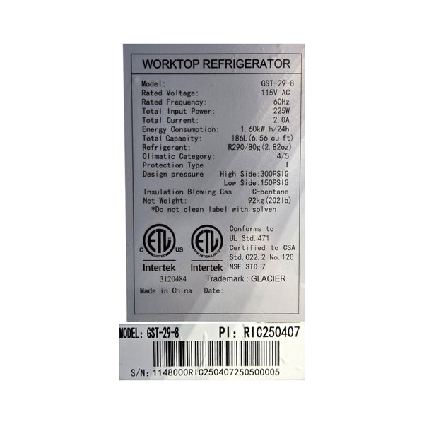 Glacier GST-29-8 Refrigerated Prep Table - 1 Solid Door - 29 Inch