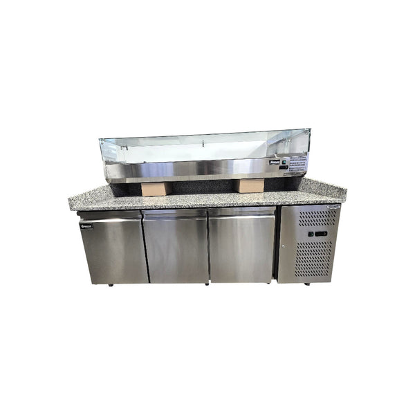 Omcan PT-CN-0580 Granite Top Refrigerated Pizza Prep Table - 80 Inch - 3 Solid Door with 79 Inch Refrigerated Topping Rail with Sneeze Guard