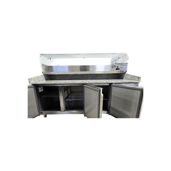 Omcan PT-CN-0580 Granite Top Refrigerated Pizza Prep Table - 80 Inch - 3 Solid Door with 79 Inch Refrigerated Topping Rail with Sneeze Guard