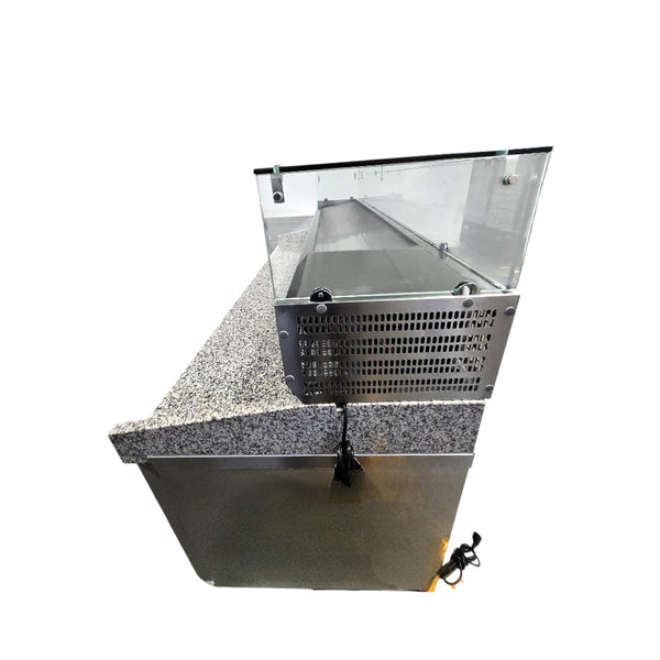 Omcan PT-CN-0580 Granite Top Refrigerated Pizza Prep Table - 80 Inch - 3 Solid Door with 79 Inch Refrigerated Topping Rail with Sneeze Guard