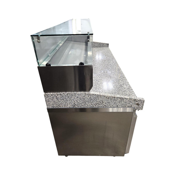 Omcan PT-CN-0580 Granite Top Refrigerated Pizza Prep Table - 80 Inch - 3 Solid Door with 79 Inch Refrigerated Topping Rail with Sneeze Guard