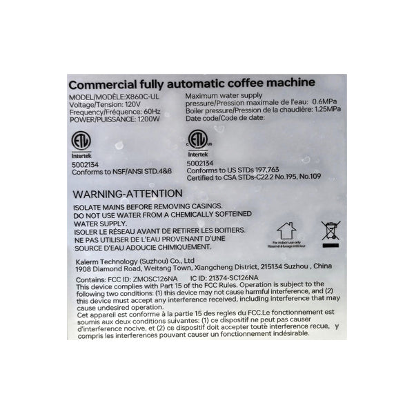 Kalerm X860C-UL Superautomatic Espresso Machine with Milk Cooler