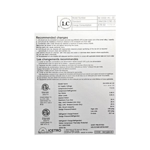 Icetro IM-0350-AC-22/ IB-033 Ice Machine with Bin