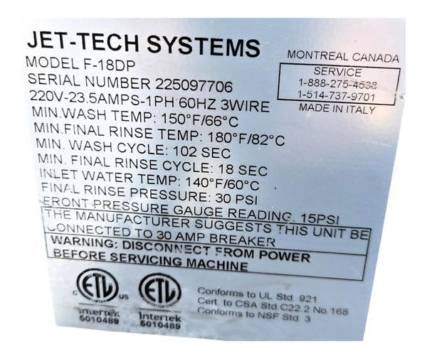 Jet-Tech F-18DP Undercounter Dishwasher