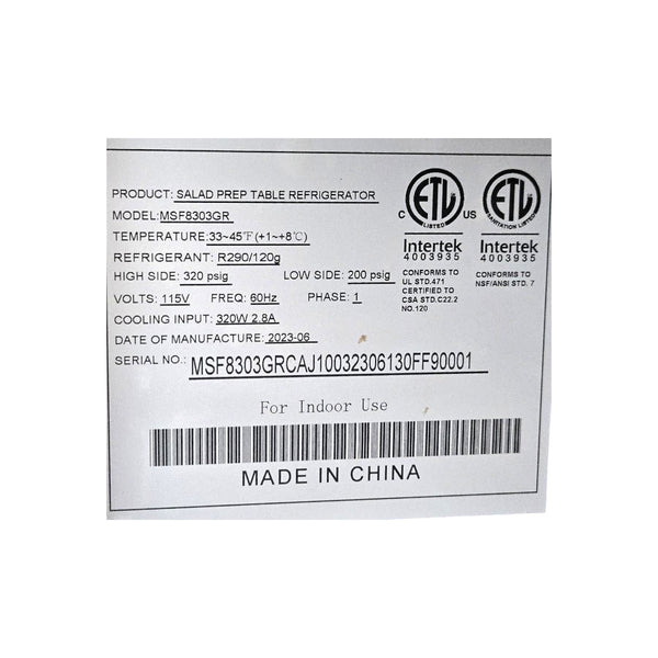 Atosa MSF8303GR Sandwich Prep Table - Cosmetic Damage