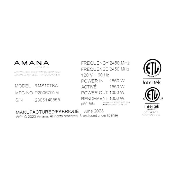 Amana RMS10TSA Microwave Oven