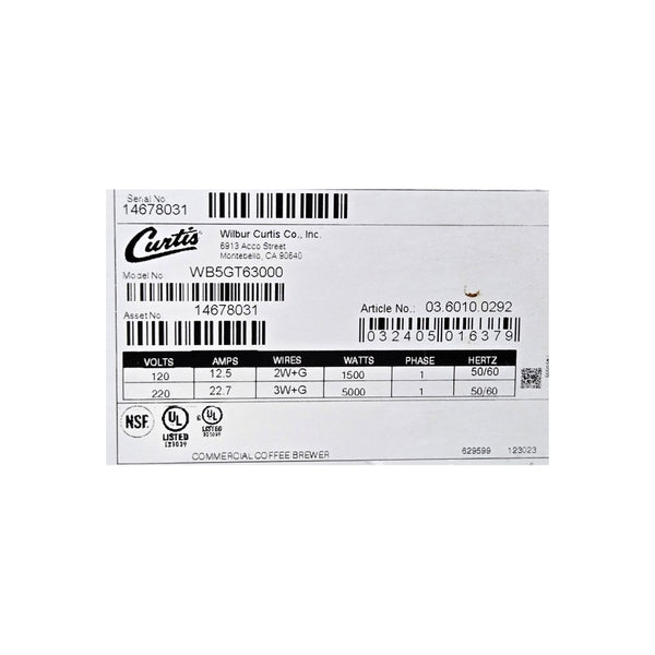 Curtis WB5GT63000 Hot Water Boiler with Aeration
