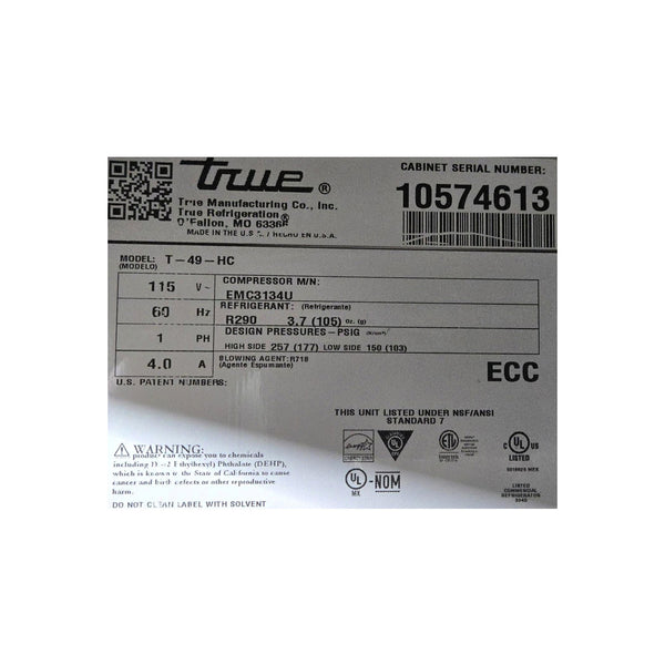 TRUE T-49-HC Upright Refrigerator - 2 Door - 55''