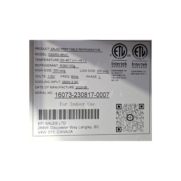 EFI CSDR2-48VC Refrigerated Prep Table - 2 Solid Door - 48 Inch