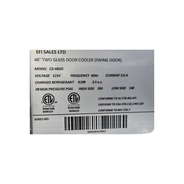 EFI C2-54GDVC Refrigerated Merchandiser - 2 Glass Door - 54 Inch