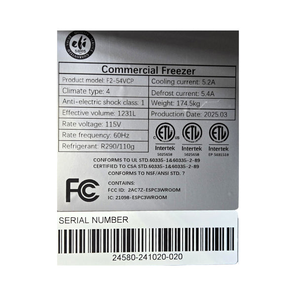 EFI F2-54VC Reach in Freezer - 2 Solid Door - 54 Inch