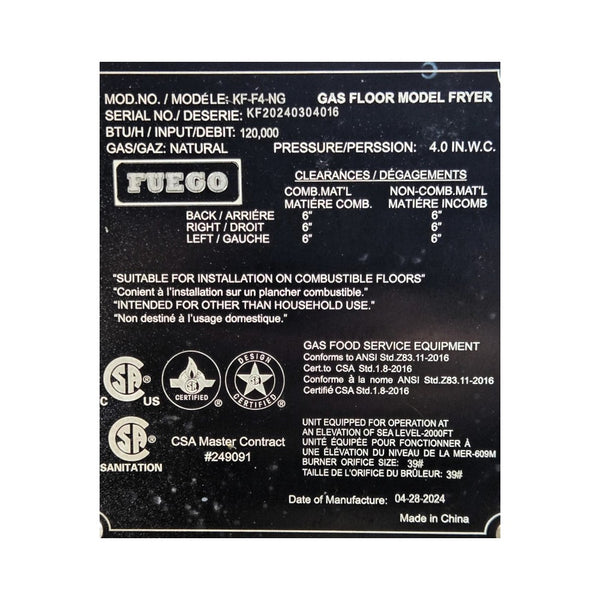 Fuego KF-F4-NG Fryer - Nat Gas