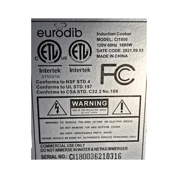 Eurodib CI1800 Induction Cooker