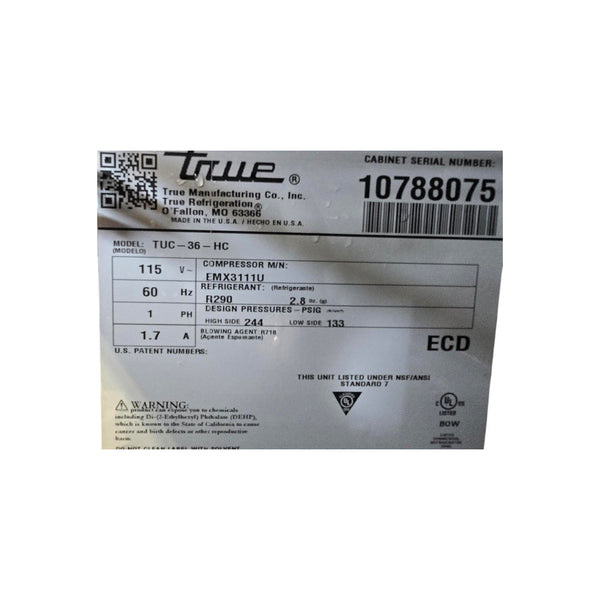 True TUC-36-HC Undercounter Refrigerator - 2 Solid Door - 36''