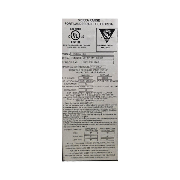 Sierra Frystar400 Deep Fryer - Natural Gas