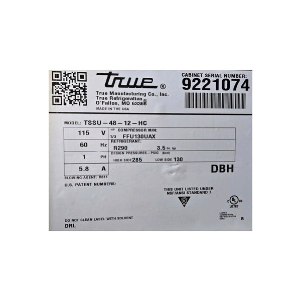 TRUE TSSU-48-12-HC Refrigerated Sandwich Prep Table - 2 Door - 48''