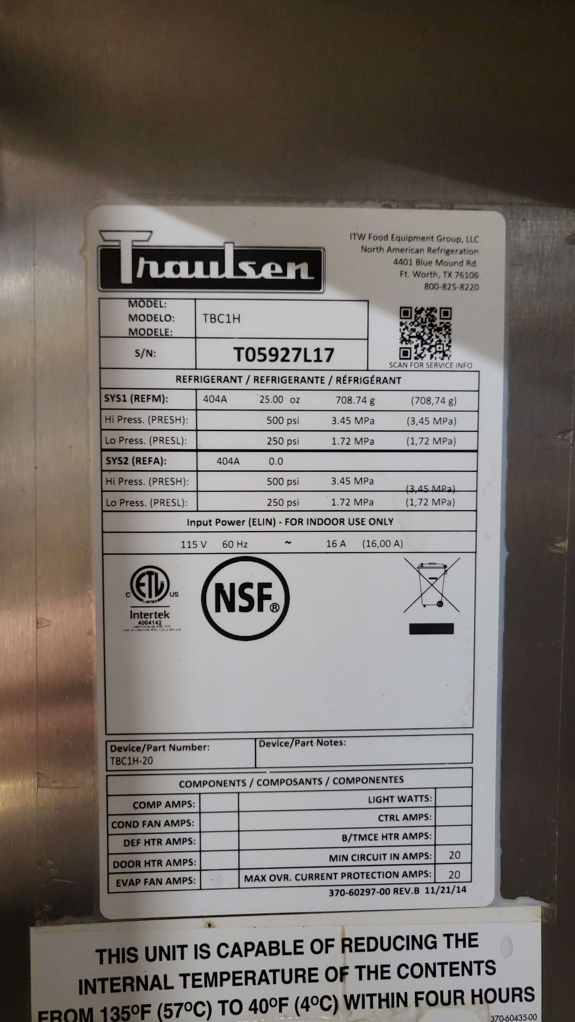 Traulsen TBC1H-20 Blast Chiller