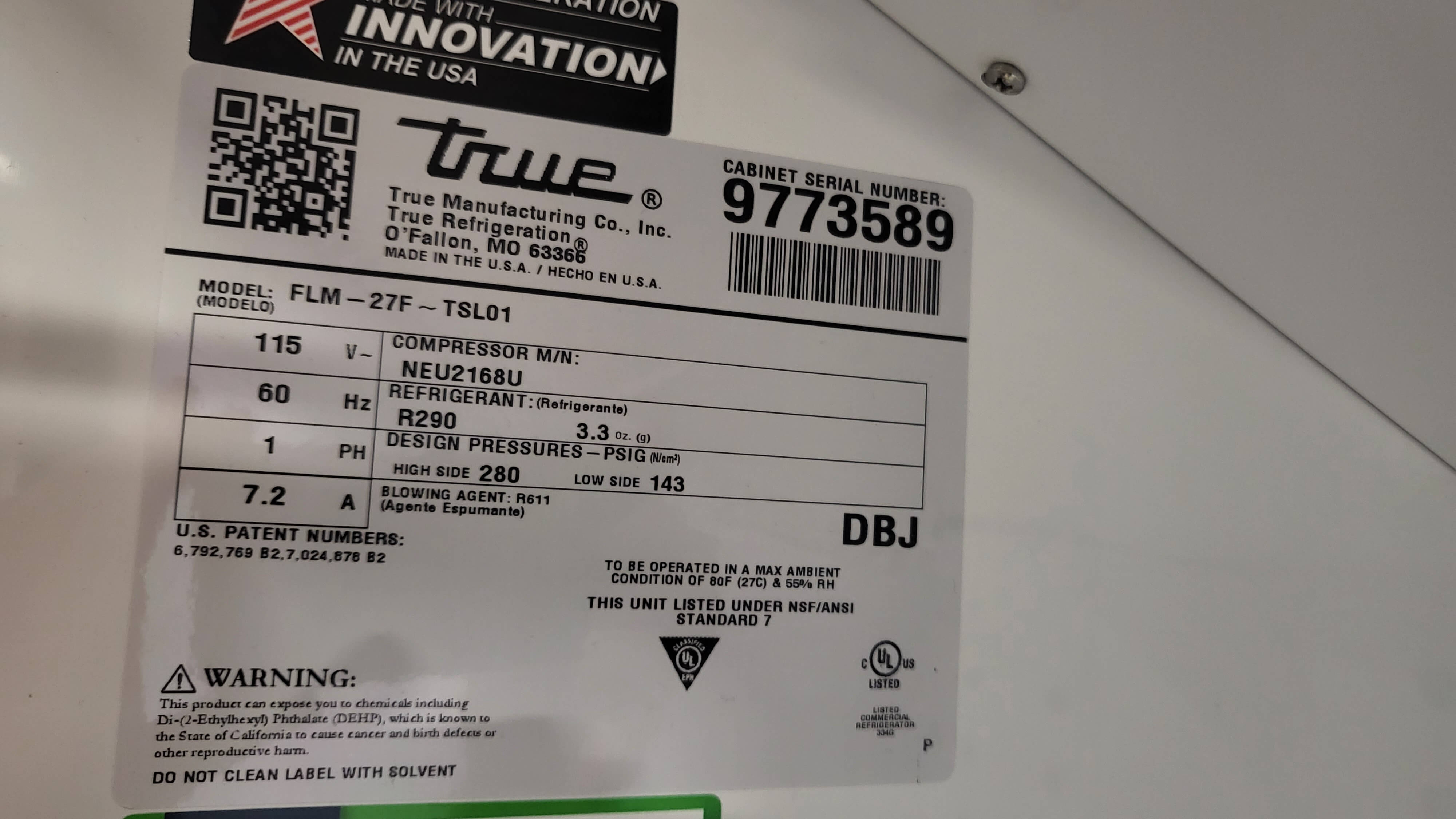 True FLM-27F TSL01 One Door Refrigerant