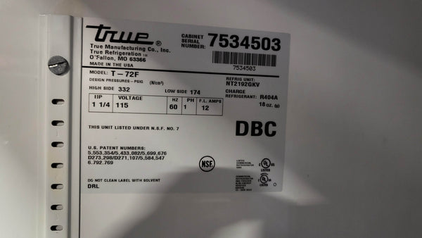 True T-72F Reach In Freezer