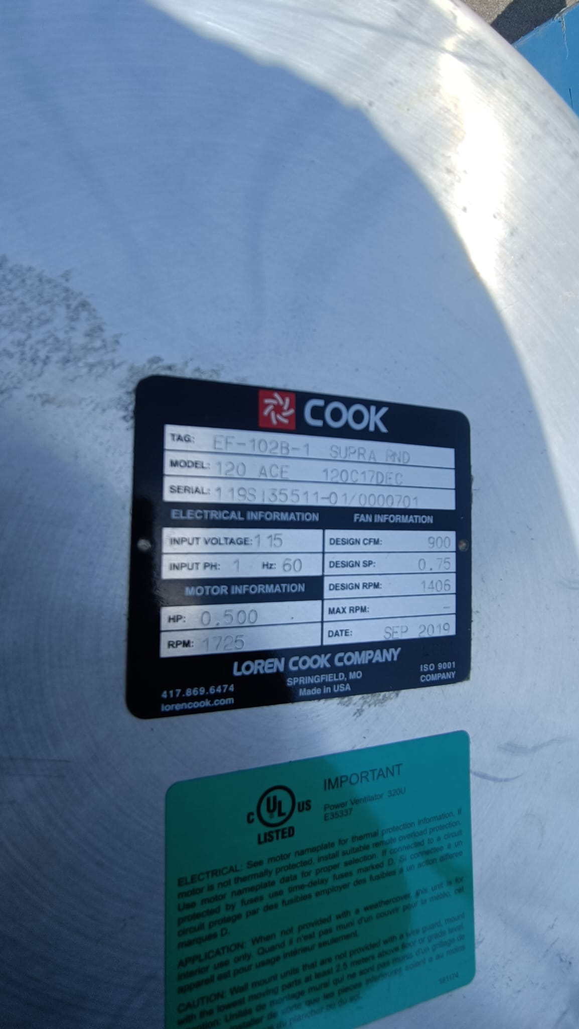 CFM Exaust Fan EF-102B-1