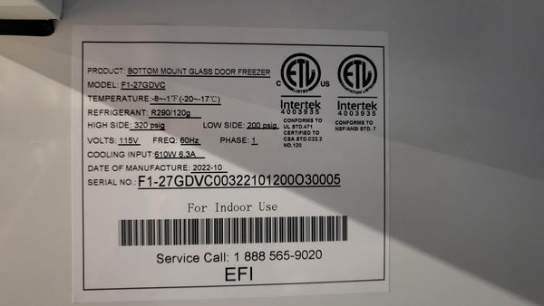 EFI F1-27GDVC Glass Door Freezer