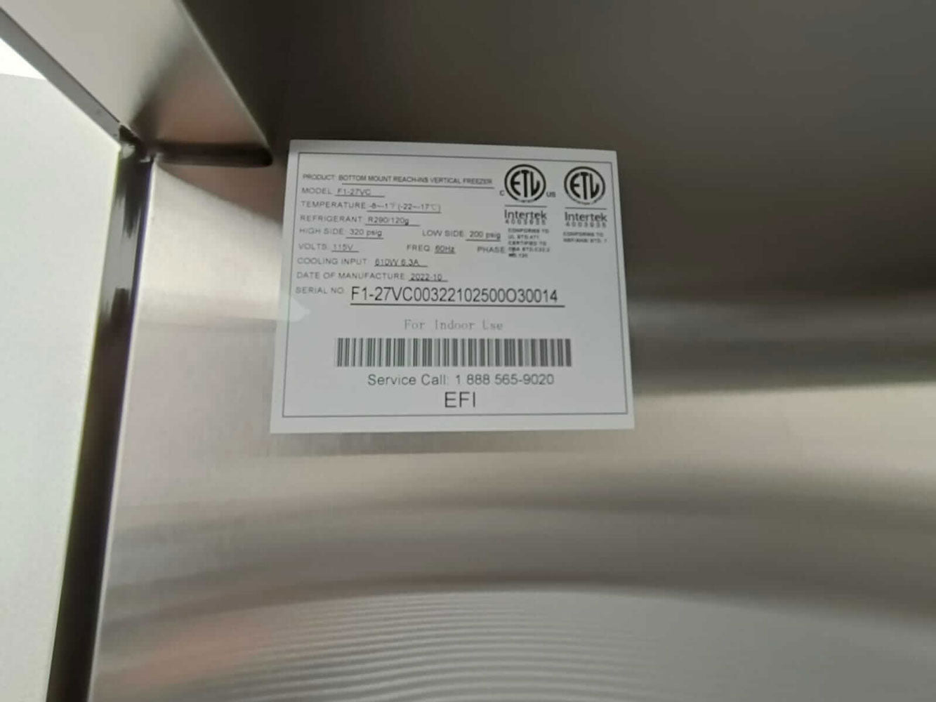 EFI F1-27VC Reach In Freezer