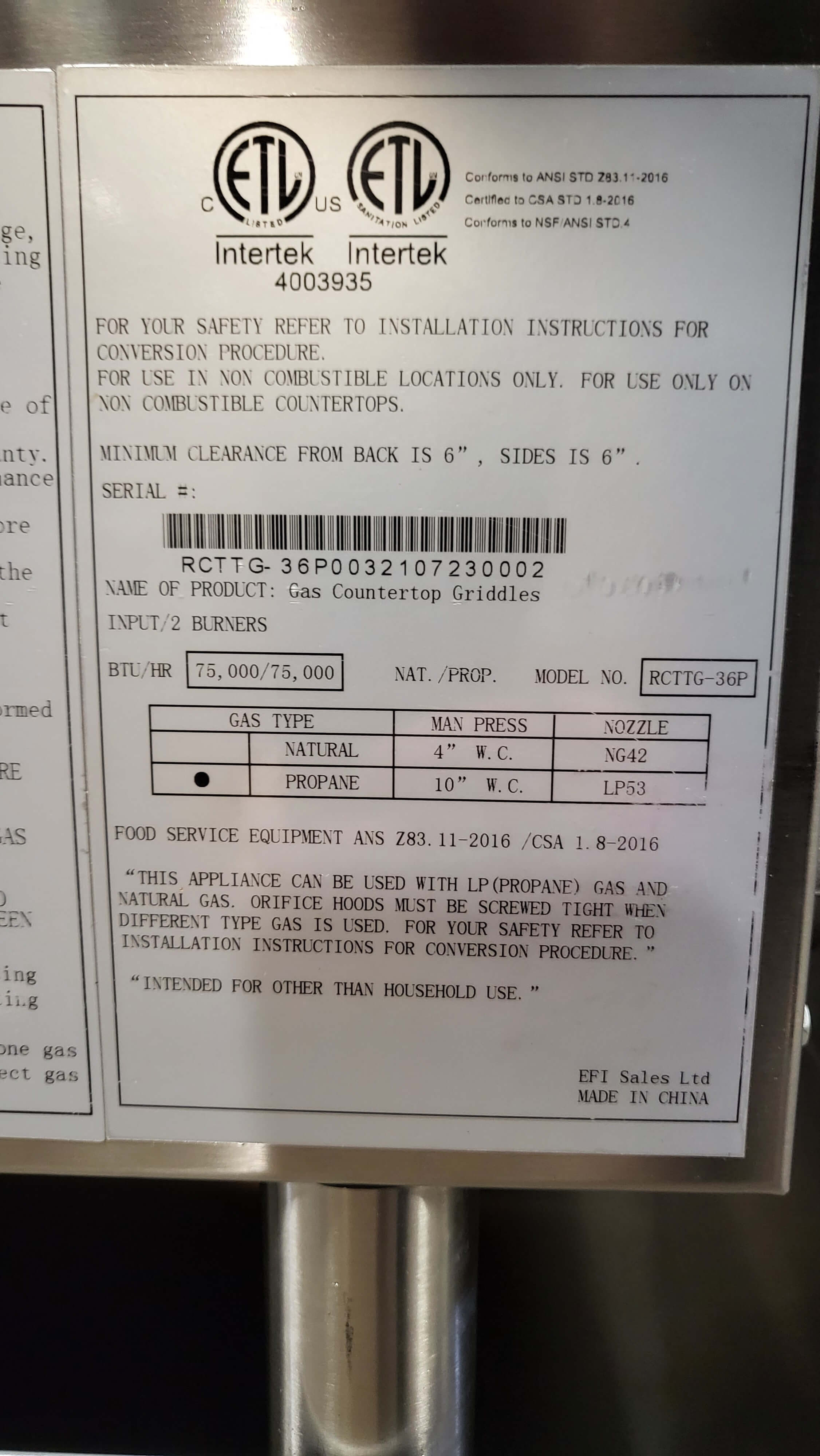 EFI RCTTG-36P Thermostatic Griddle