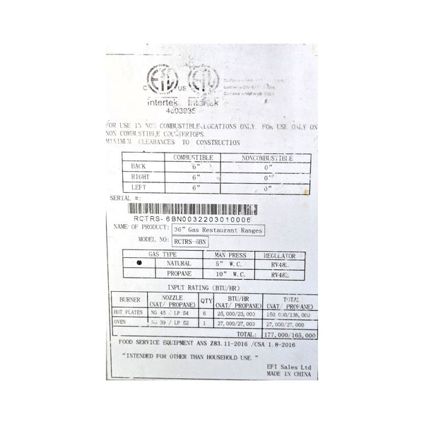 EFI RCTRS-6BN Oven Range - Natural Gas