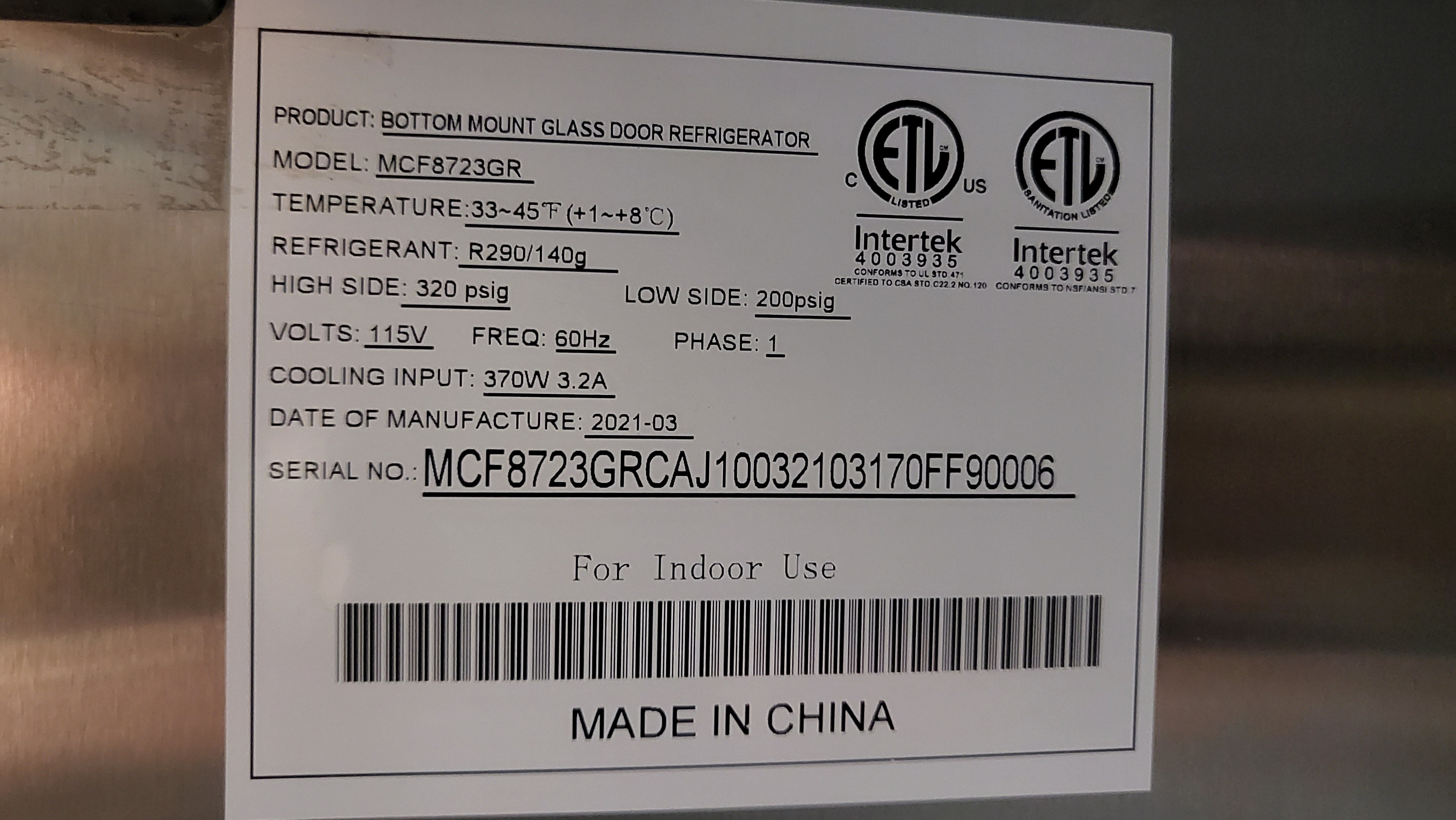 Atosa MCF8723GR Double Glass Door Refrigerator