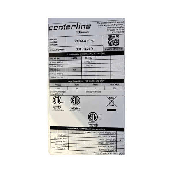 Centerline CLBM-49R-FS Reach In Refrigerator - 2 Solid Door - 54 Inch