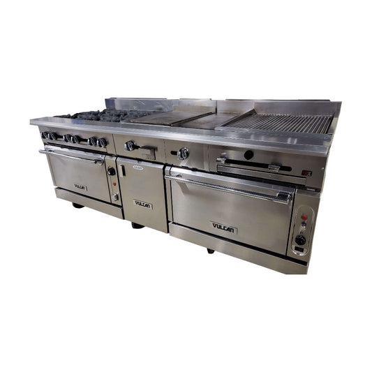 Vulcan VC0136-500 Custom Range: 6 Burners / 15-in Griddle / 12-in Hotplate / 24-in Char / Double Oven