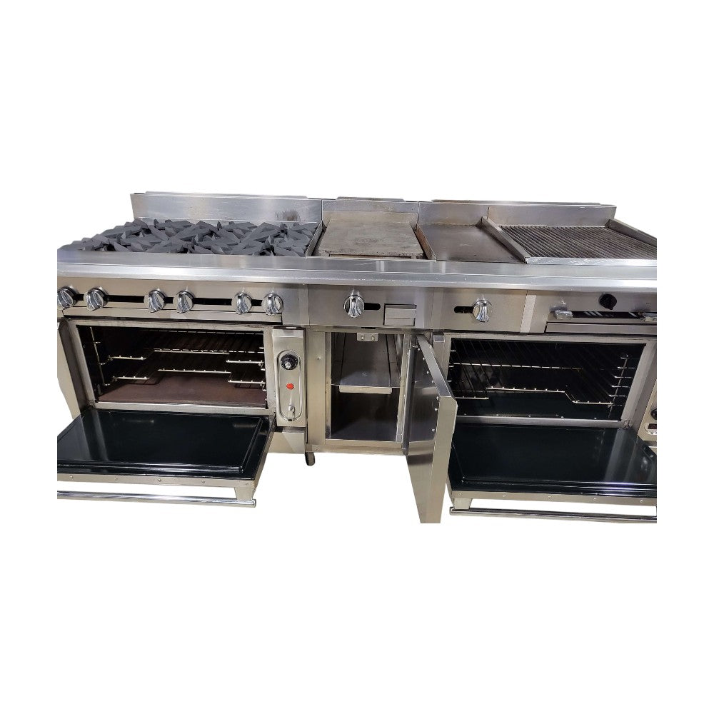 Vulcan VC0136-500 Custom Range: 6 Burners / 15-in Griddle / 12-in Hotplate / 24-in Char / Double Oven