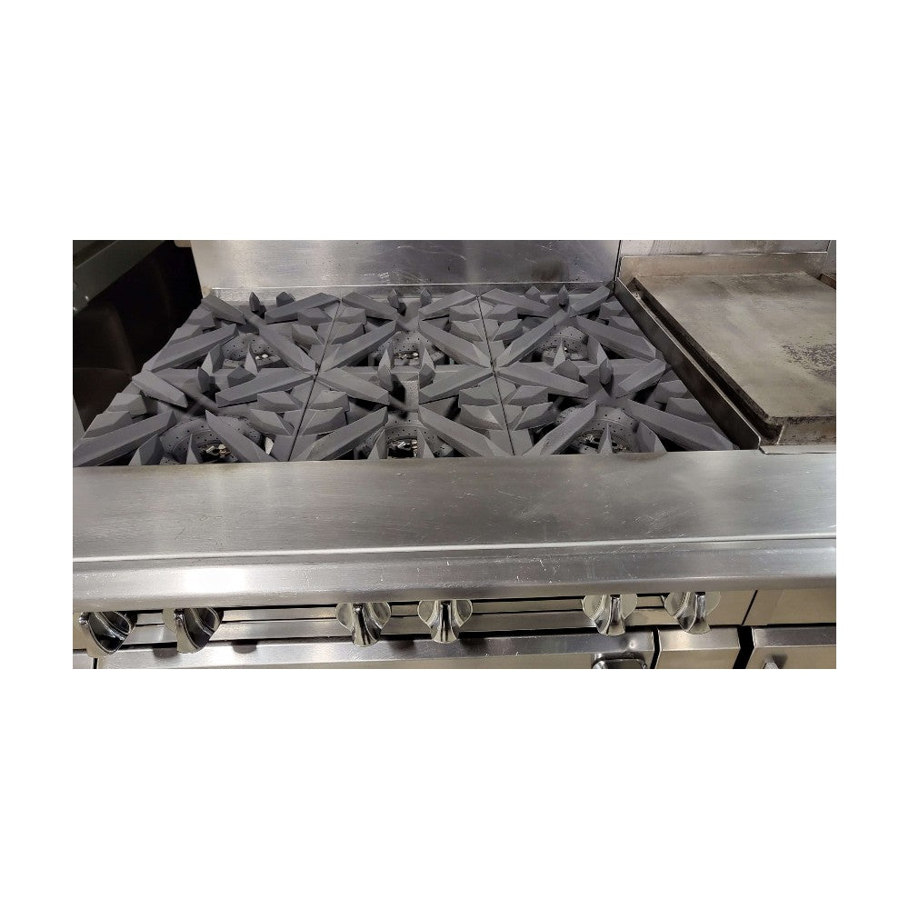 Vulcan VC0136-500 Custom Range: 6 Burners / 15-in Griddle / 12-in Hotplate / 24-in Char / Double Oven