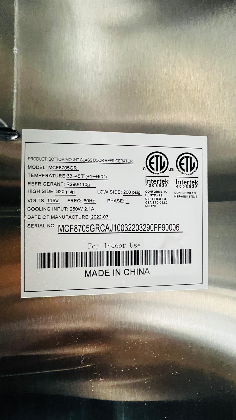 Atosa MCF8705GR Upgright Glass Door Refrigerator