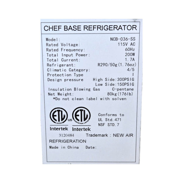 New Air NCB-036-SS Refrigerated Chef Base - 2 Drawer - 36 Inch
