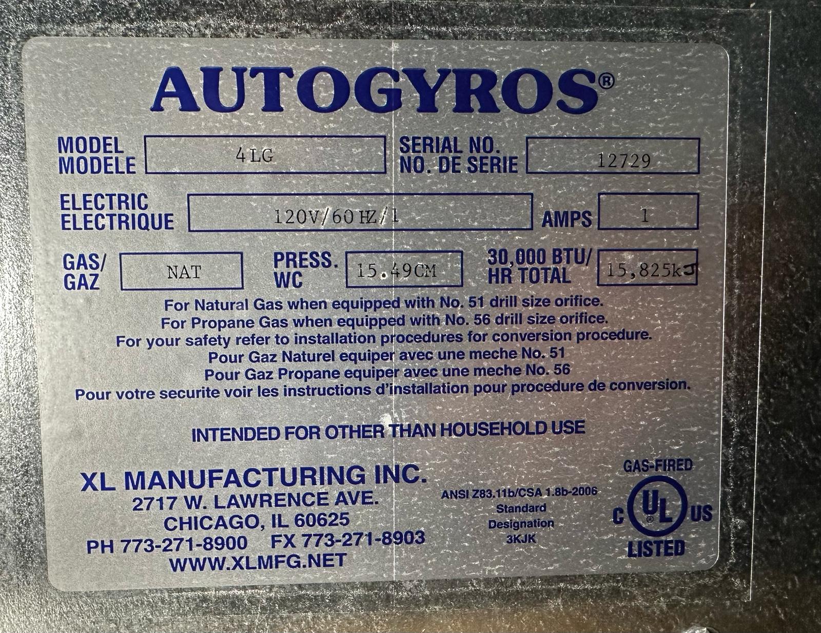 Autogyros Vertical Broiler Gyro, Nat Gas