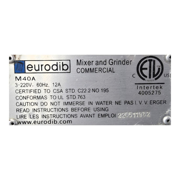 Eurodib M40A 220ETL Gear Driven Planetary Mixer