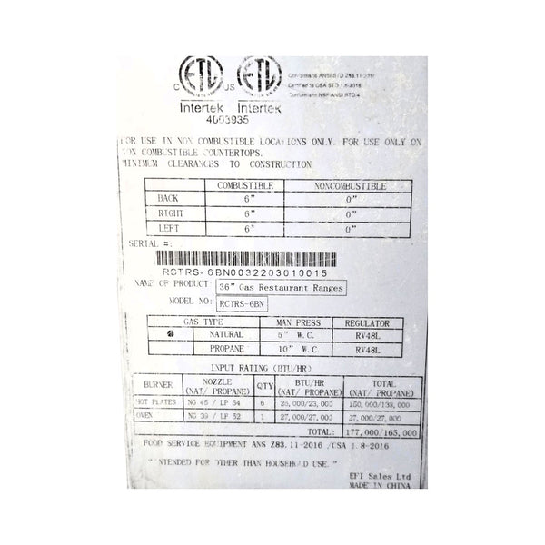 EFI RCTRS-6BN Natural Gas Range - 36 Inch