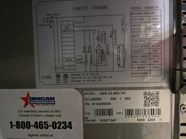 OMCAN UBB-24-48G-HC Back Bar Cooler, 2 Door - No Castor Wheels