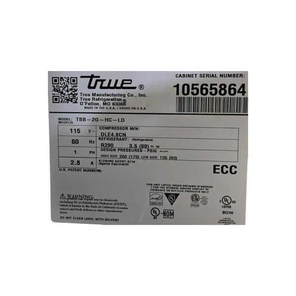 True TBB-2G-HC-LD Back Bar Cooler - 2 Glass Door - 59 Inch