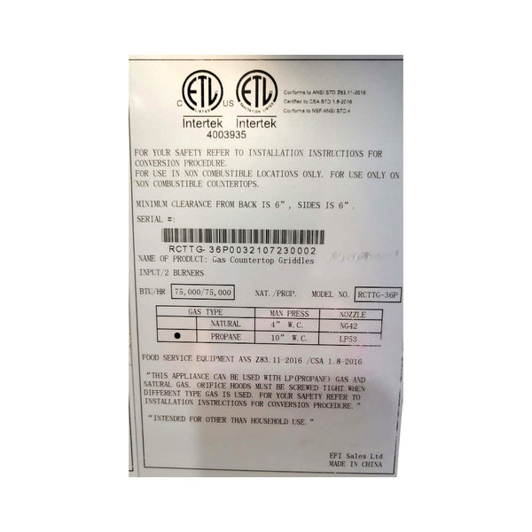 EFI RCTTG-36P Thermostatic Griddle