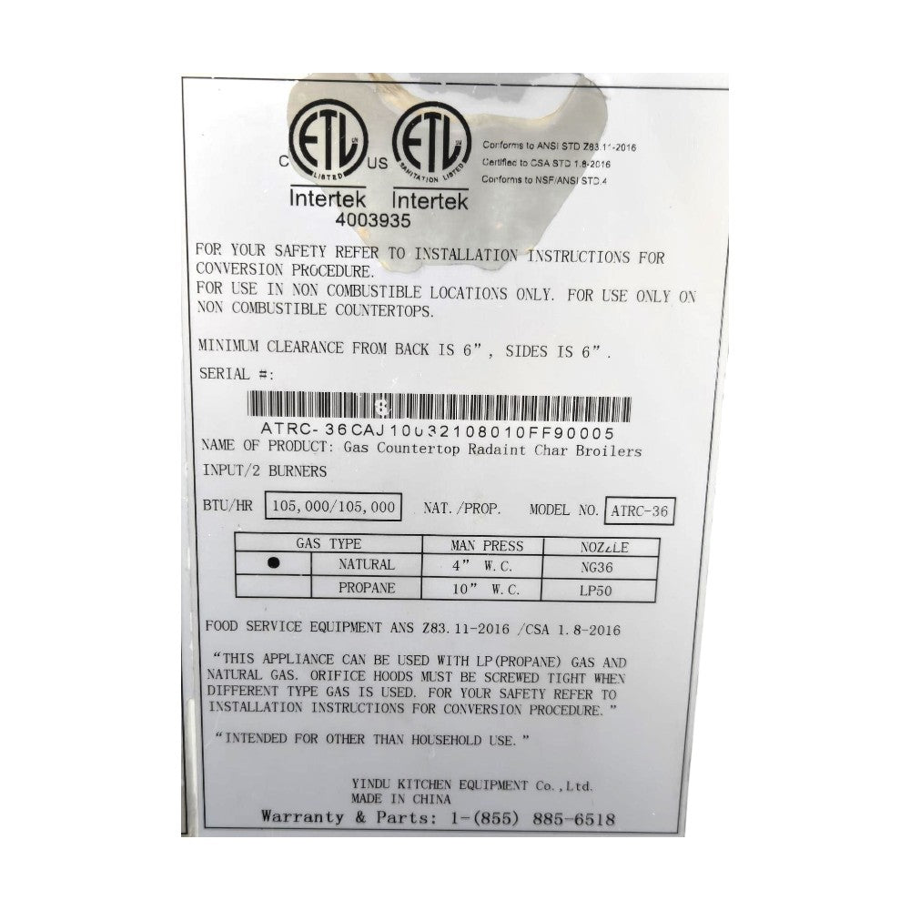 Radiant Charbroiler 36 inches - Nat Gas