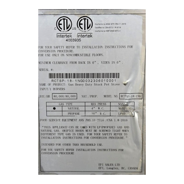 EFI RCTSP-18-1NG Stock Pot Stove - Natural Gas