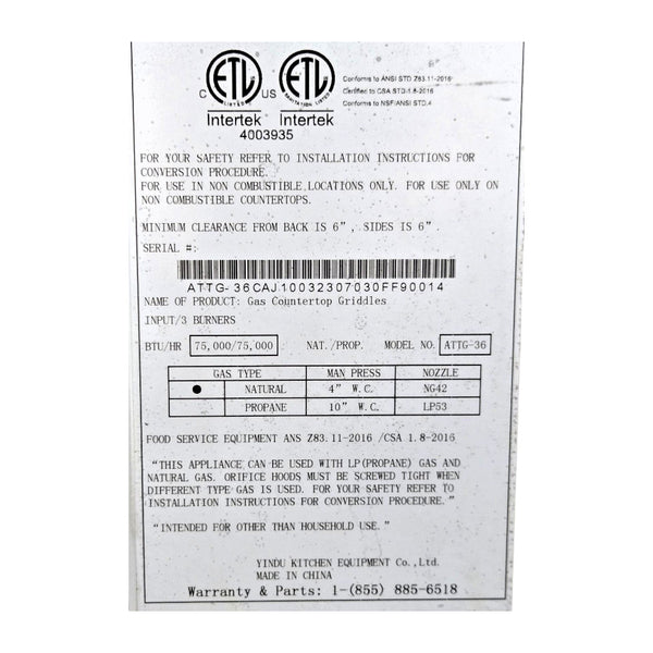 Atosa ATTG-36 Countertop Griddle - Natural Gas