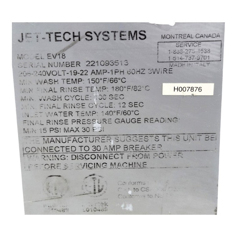 Jet Tech EV18 Dishwasher