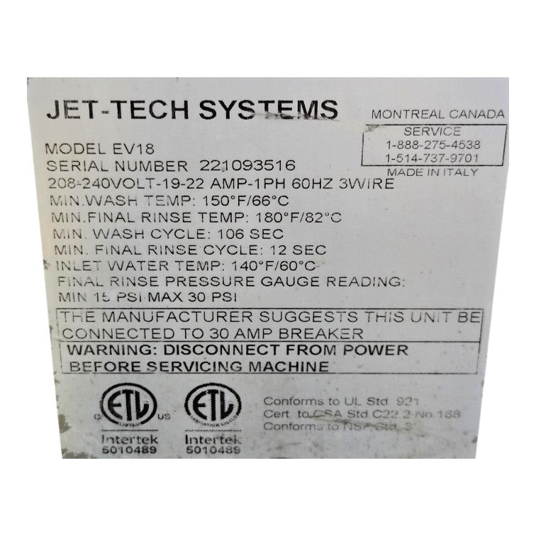 Jet Tech EV18 Dishwasher