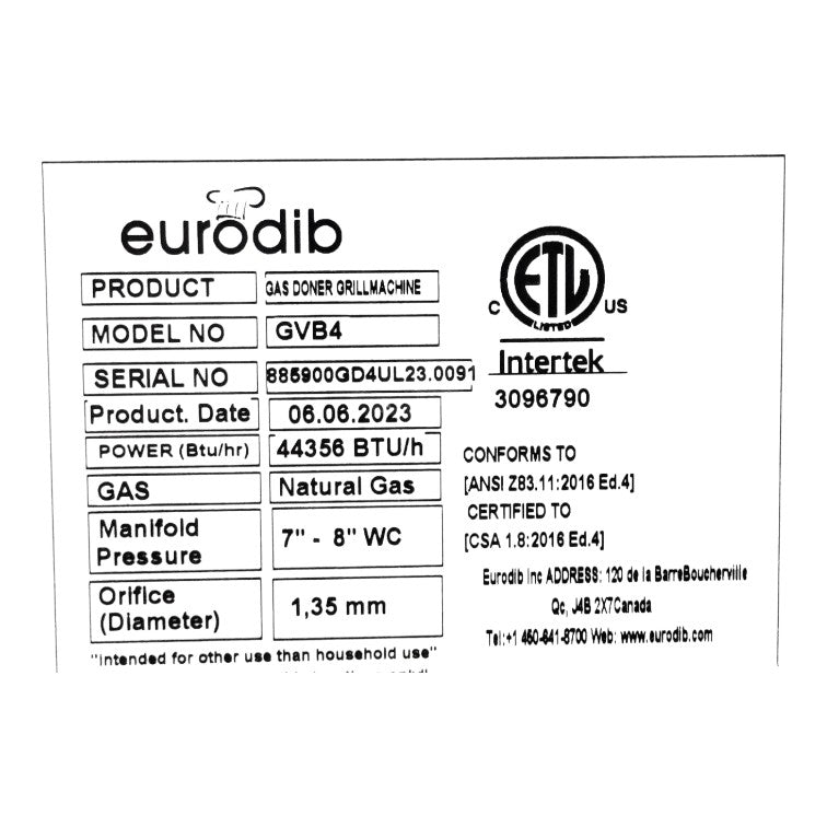 Eurodib GVB4 Vertical Broiler - Natural Gas